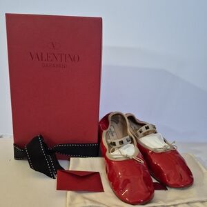 Valentino Authentic Preloved Red Patent Flats with Bow Detail - Size UK39
